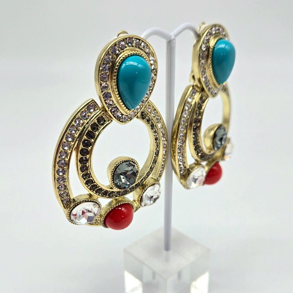 Heidi Daus Taos Chic Clip On Earrings – Turquoise & Coral Statement Earrings - Picture 6 of 11